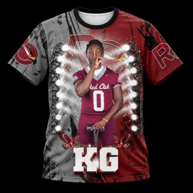Front of a custom all-over-print Red Oak football shirt on a black background, featuring athlete artwork, number 0 and KG lettering.