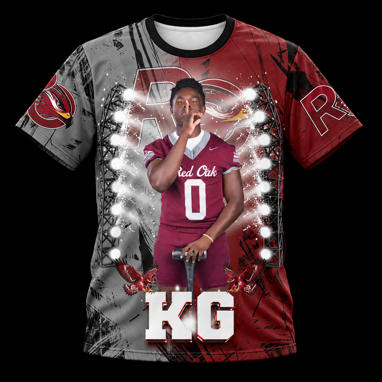 Custom 3D all-over-print Red Oak football shirt with athlete artwork on a black background