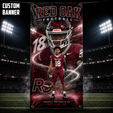 Red Oak football custom banner mockup with athlete number 18, maroon and white design, RO Hawks logo and corner grommets