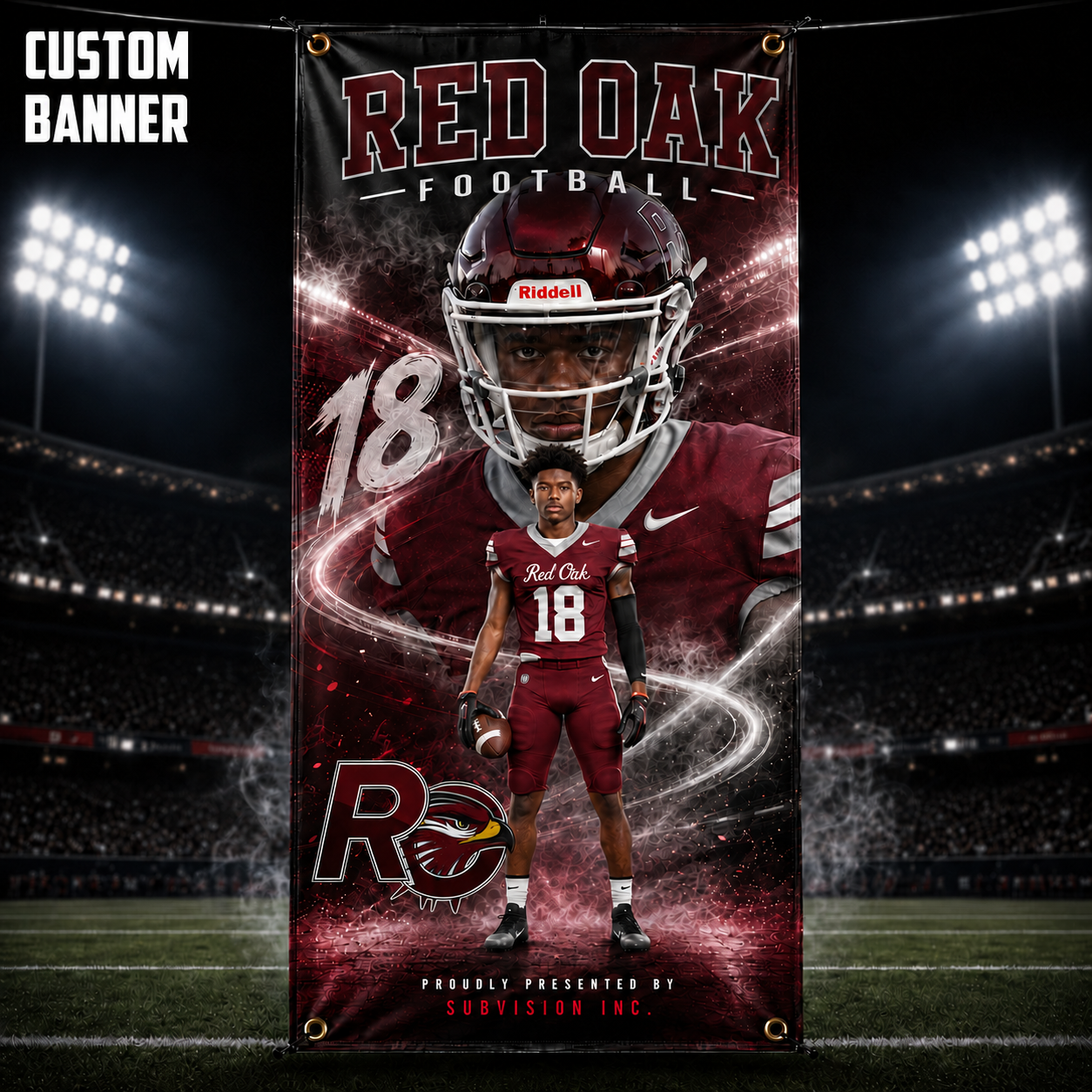 Red Oak football custom banner mockup with athlete number 18, maroon and white design, RO Hawks logo and corner grommets