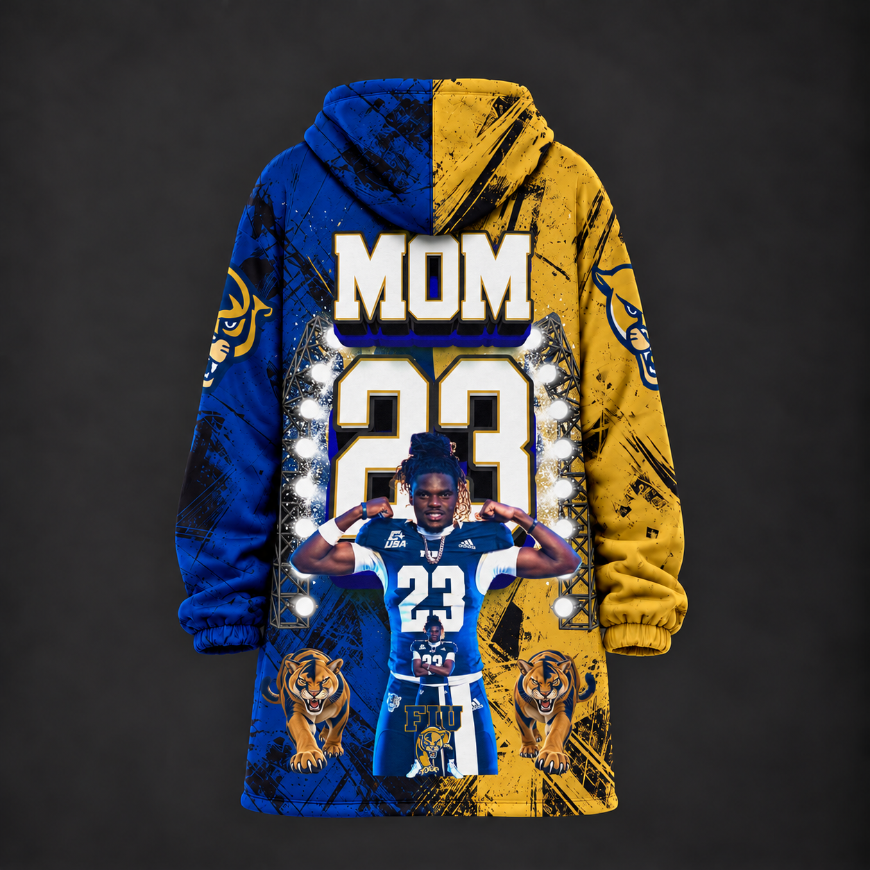 Back view of the custom oversized sherpa fleece hoodie blanket featuring the supplied MOM 23 athlete artwork, shown without a model on a dark background.