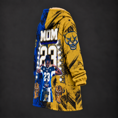 FIU-Tyderick-MOM-Blanket-Side Back view of the custom oversized sherpa fleece hoodie blanket featuring the supplied MOM 23 athlete artwork, shown without a model on a dark background.