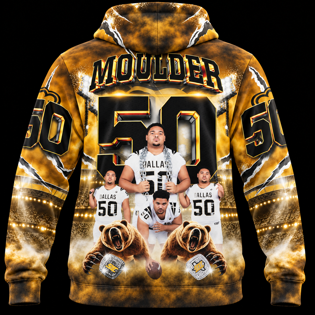 Back view of the custom lightweight 3D hoodie with Moulder basketball artwork covering the body, hood, and sleeves on a black background.