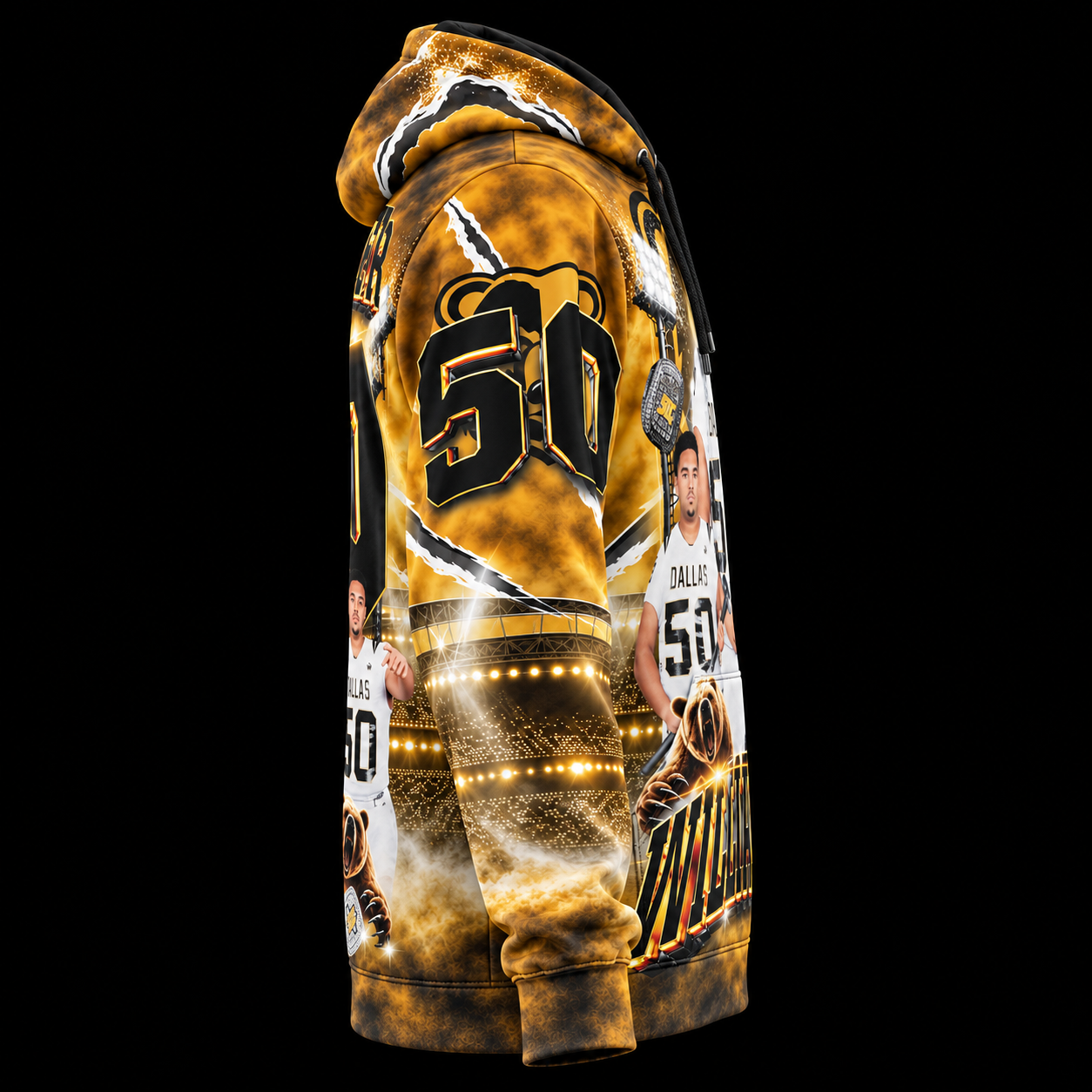 Side view of the custom lightweight 3D hoodie with continuous all-over basketball artwork across the hood, body, and sleeve on a black background.