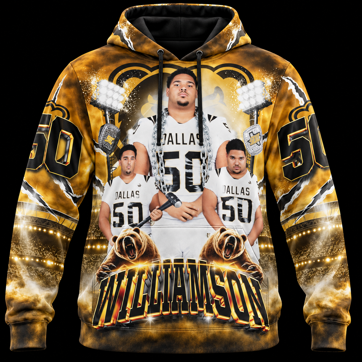 Front view of the custom lightweight 3D hoodie with Williamson basketball artwork covering the body, hood, and sleeves on a black background