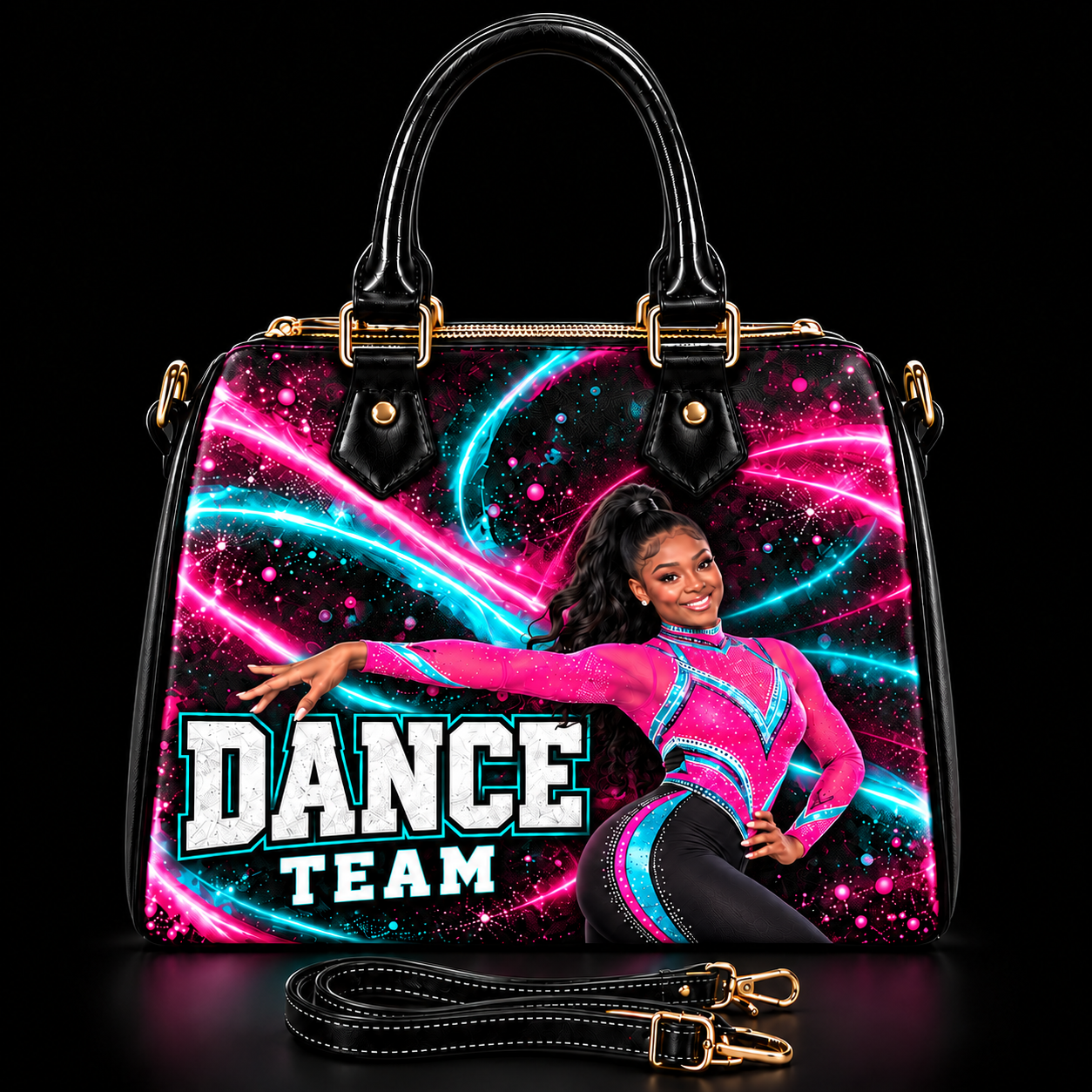 Custom 3D Purse with a hot pink and turquoise dance-team design