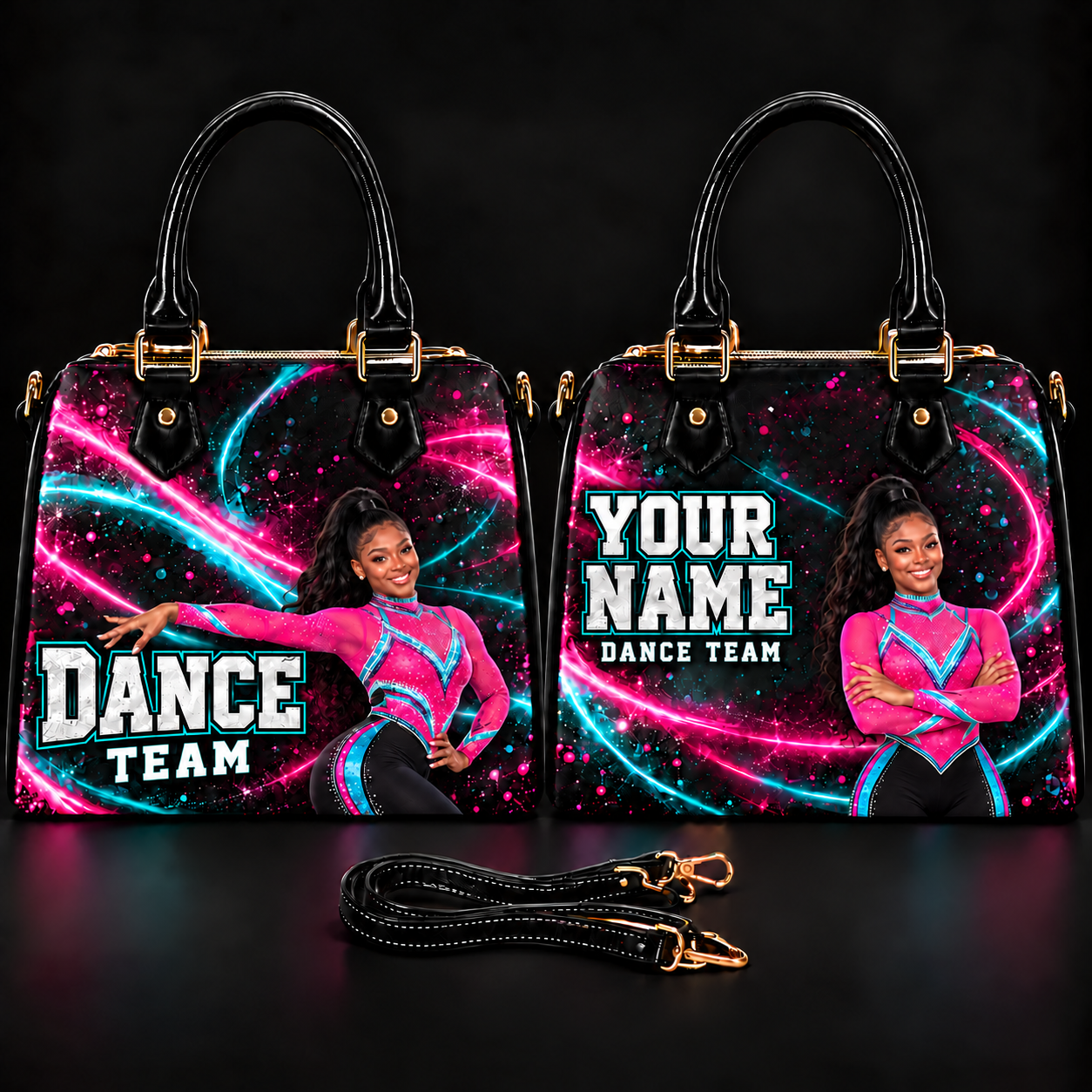 Front and reverse views of a hot pink and turquoise Custom 3D Purse with dance-team and personalized-name designs