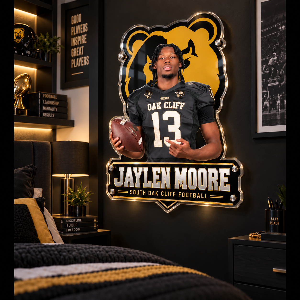 Custom Acrylic Cutout Wall Art shown with an example athlete design