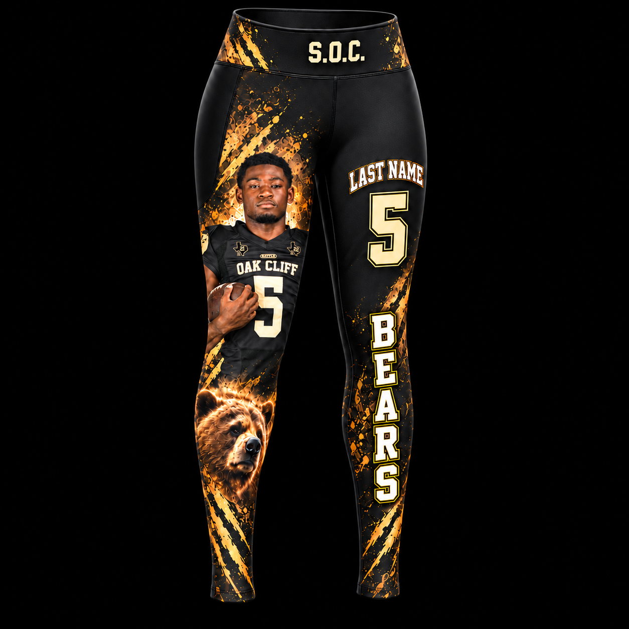 Front of regular full-length custom tights without pockets, with a black-and-gold South Oak Cliff athlete photo design