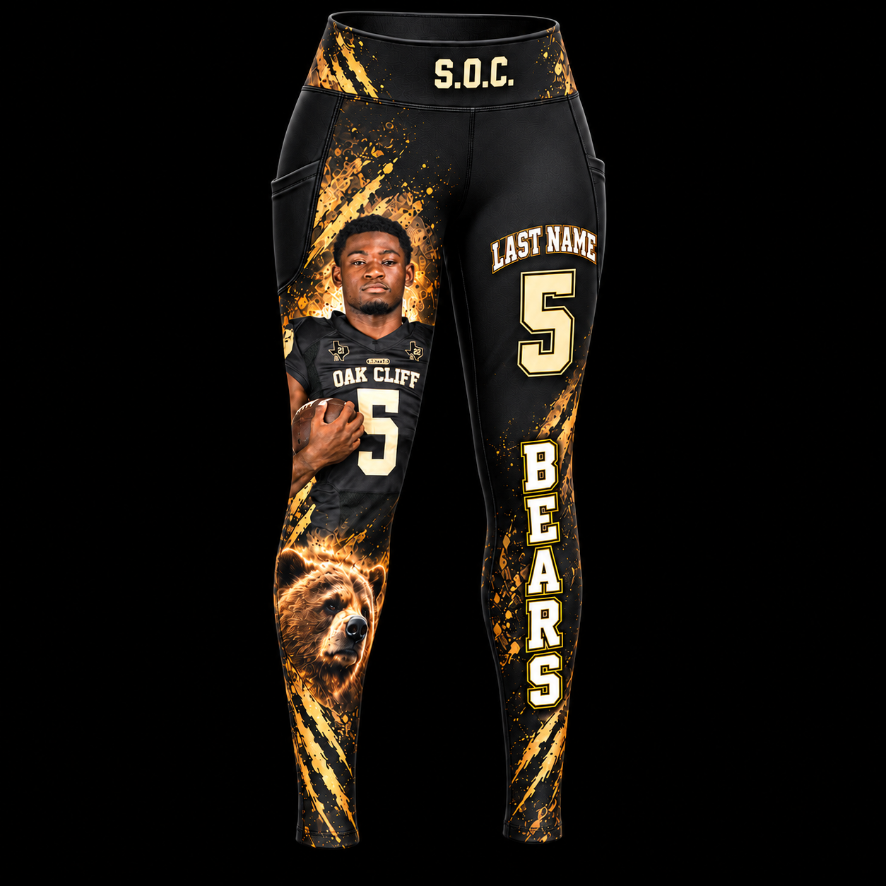 Custom full-length tights with pockets, featuring a black-and-gold athlete photo design on a black background