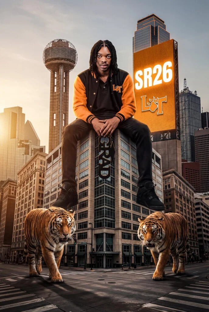 SUBVISION senior portrait composite with a graduate above the Dallas skyline and two tigers