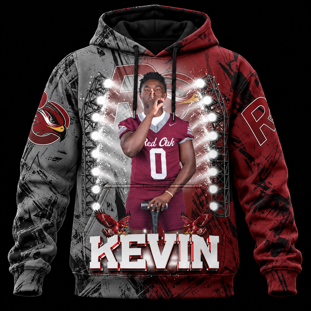 Front view of the custom heavyweight 3D hoodie featuring KEVIN Red Oak football artwork across the hood, body, and sleeves on a black background