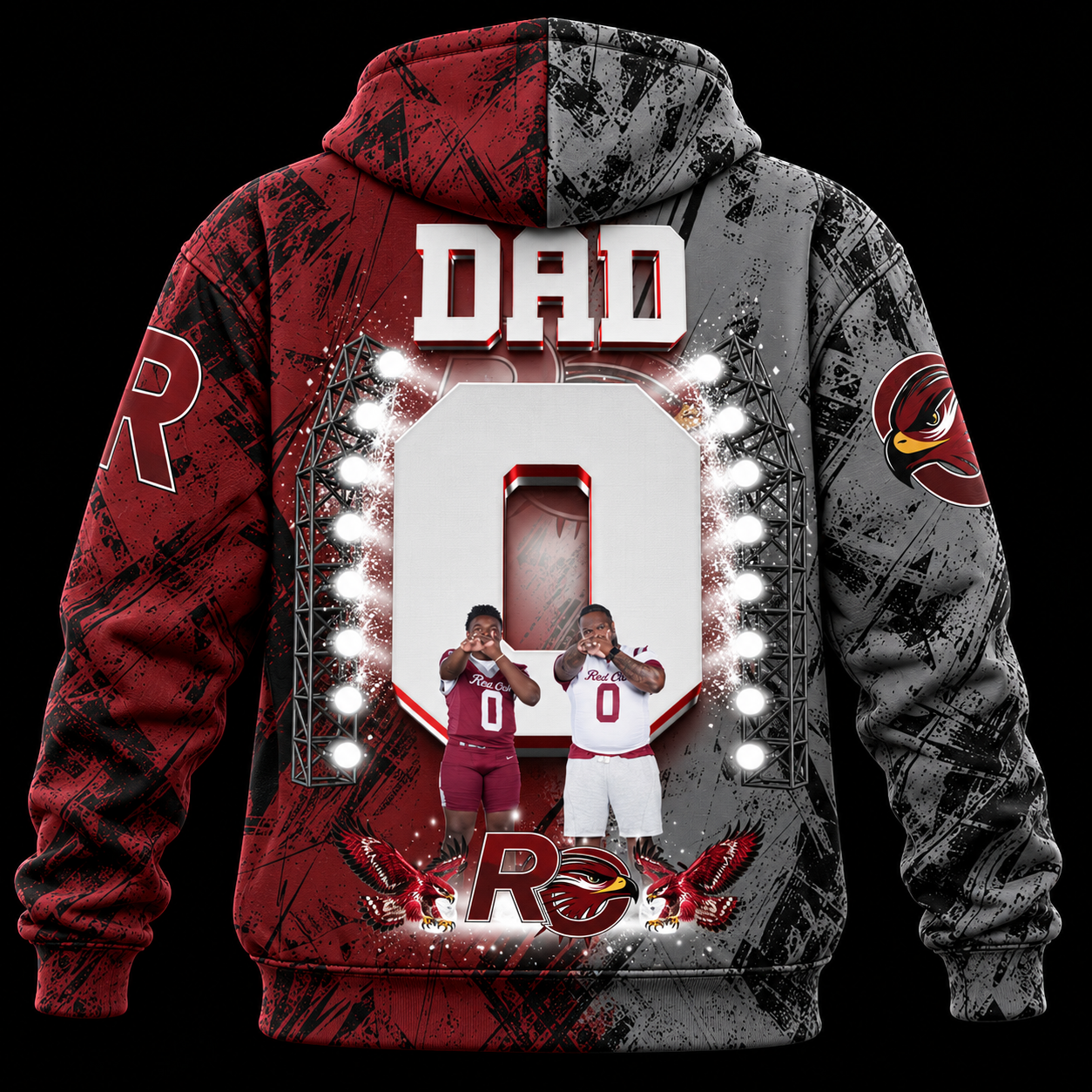 Back view of the custom heavyweight 3D hoodie with matching red-and-gray all-over Red Oak football artwork across the hood, back, and sleeves on a black background.