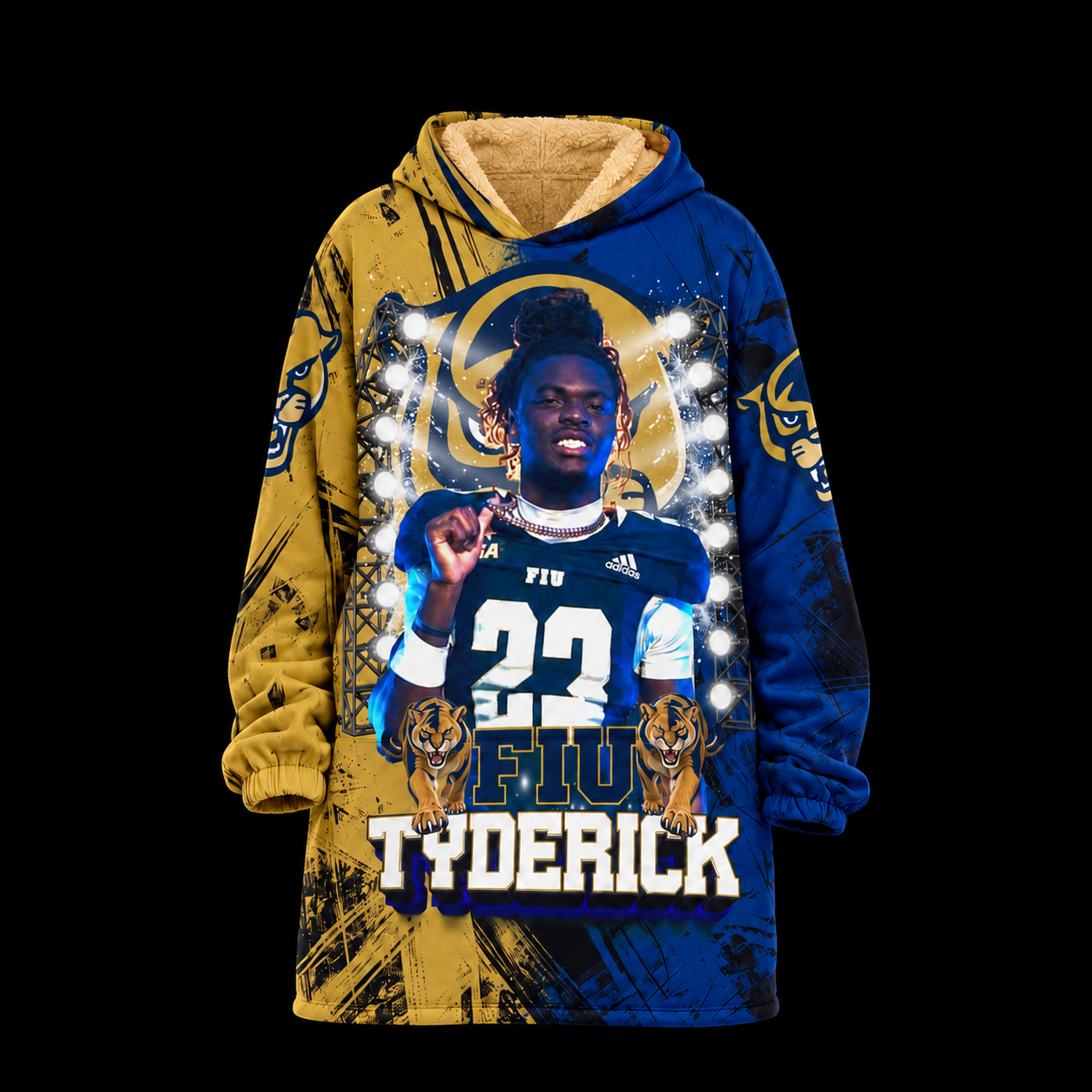 Front of a custom oversized sherpa fleece hoodie blanket with athlete artwork, shown without a model on a dark background