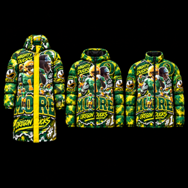 Three custom down puffer styles shown from the front on a black background: long hooded coat, regular hooded jacket, and stand-up collar jacket without a hood. Artwork is a customization example.