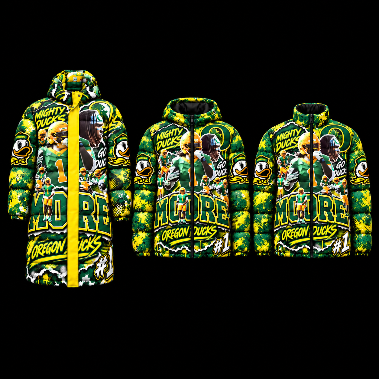Three custom puffer jacket styles: long hooded, short hooded, and stand collar, shown with a green-and-yellow sample design