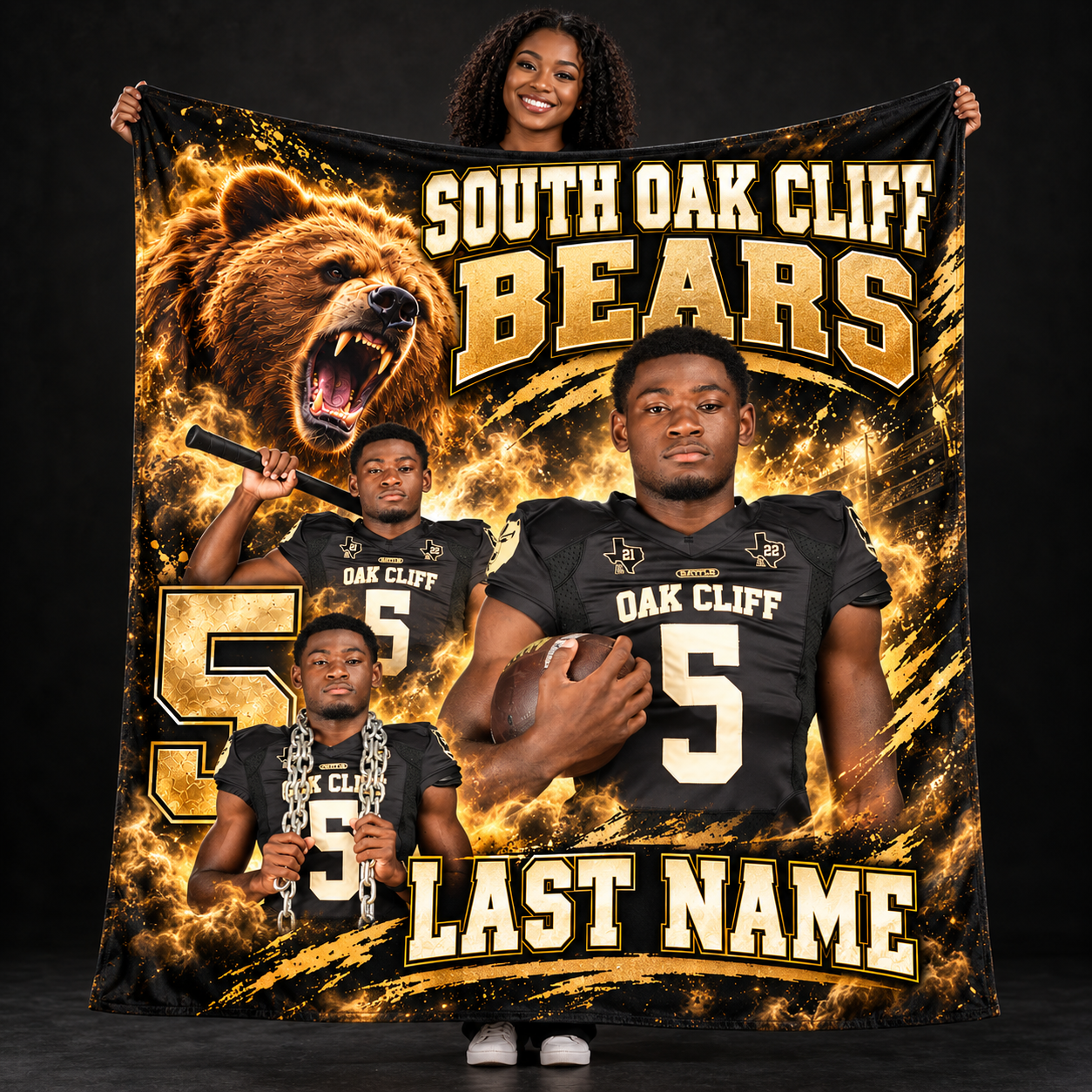 Custom Blanket shown with an example athlete design