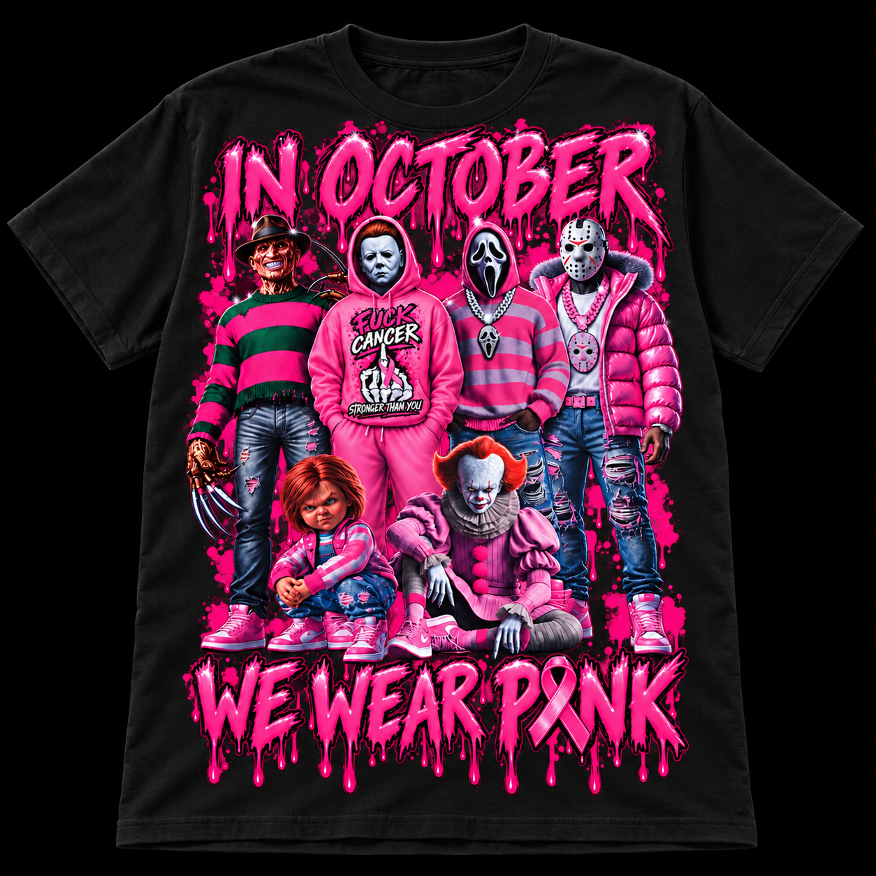Black We Wear Pink Halloween shirt on a black background