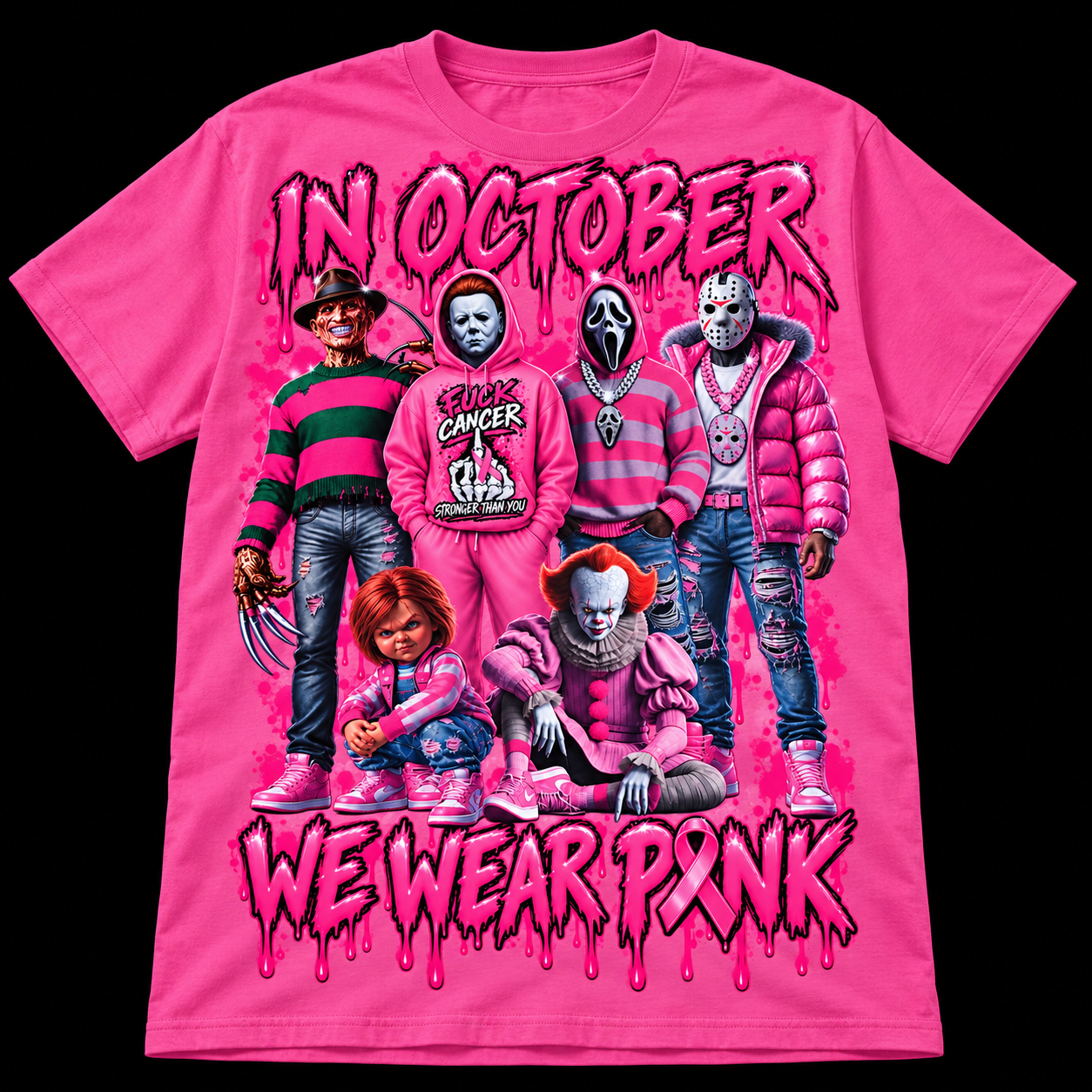 Pink We Wear Pink Halloween shirt on a black background