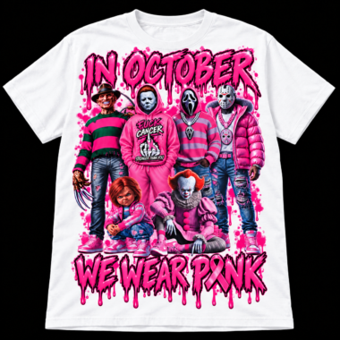 we-wear-pink-shirt-white White We Wear Pink Halloween shirt on a black background