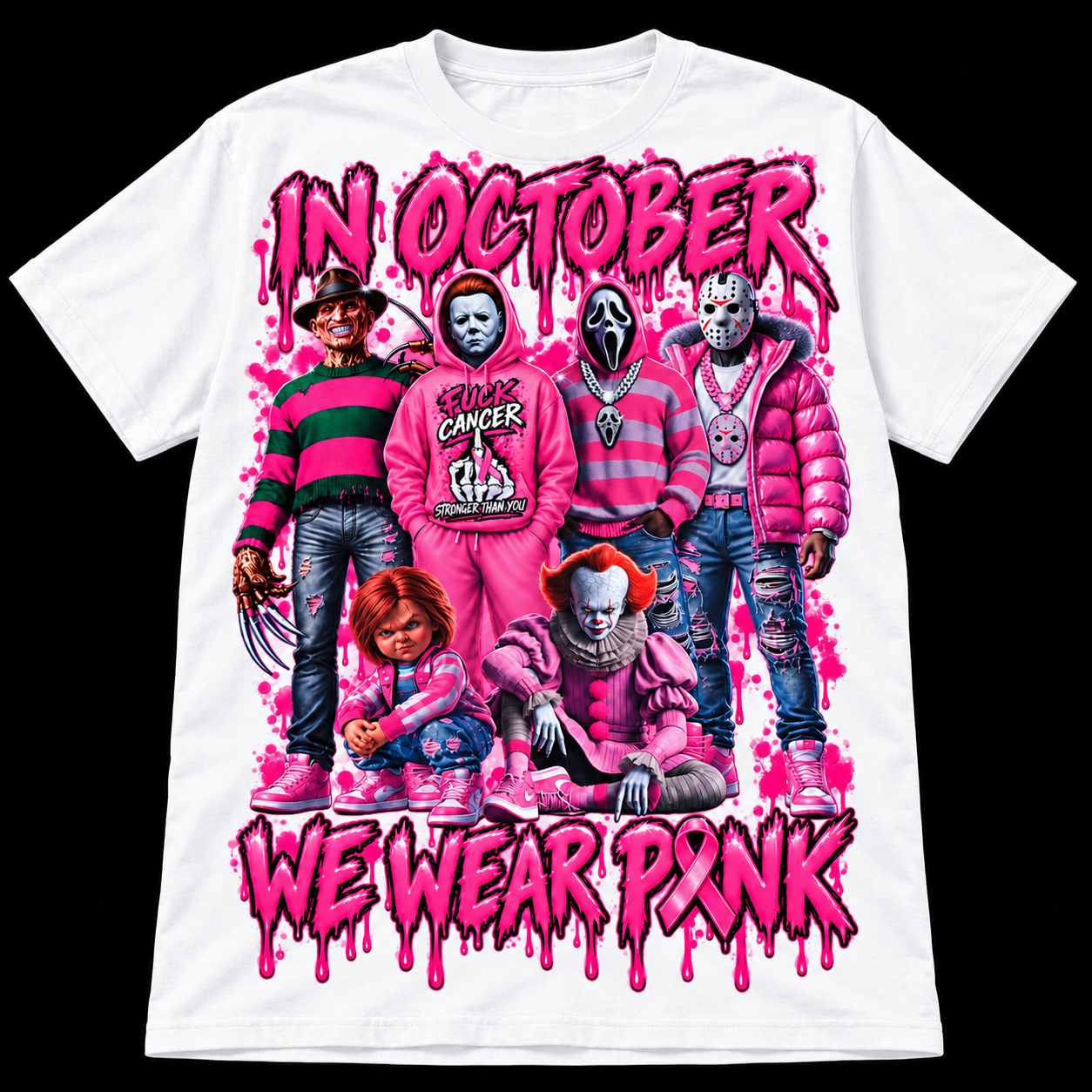 White We Wear Pink Halloween shirt on a black background